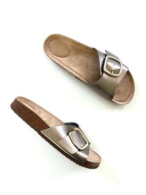 Madden Girl Pewter Metallic Faux Leather Buckle Banner Slide Footbed Sandal